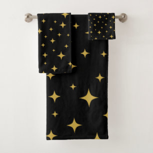 Gold twinkling stars black Bathroom Towel Set