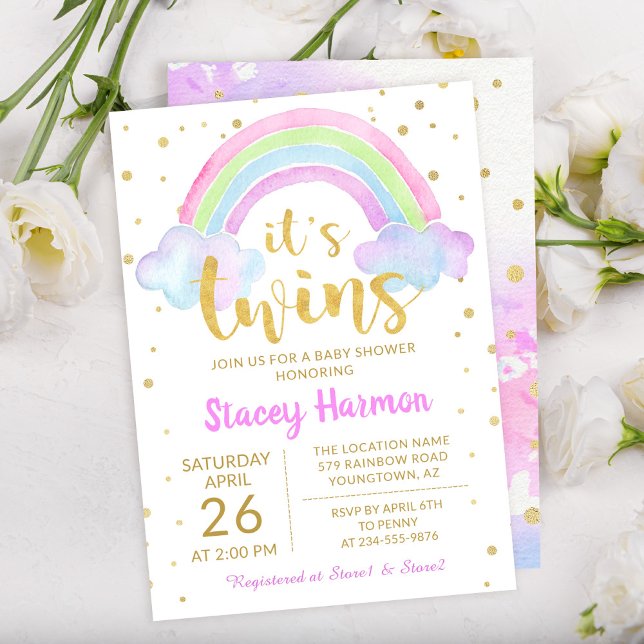 Gold Twins Pastel Watercolor Rainbow Baby Shower Invitation (Creator Uploaded)