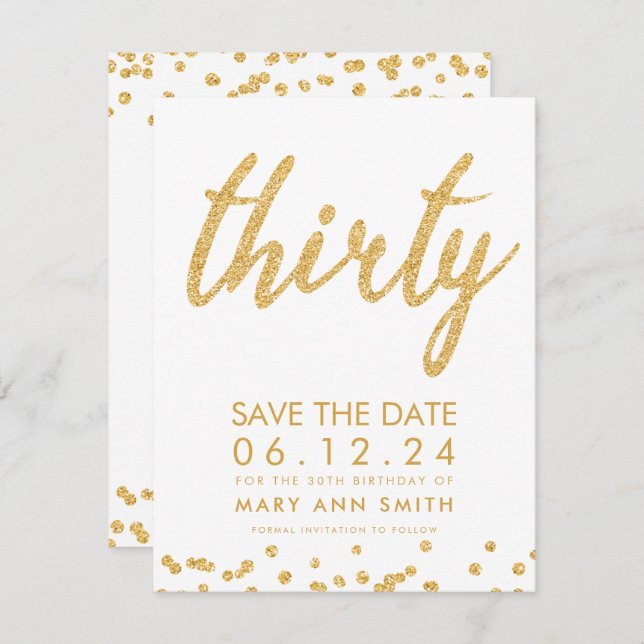 Gold Type 30th Birthday Save Date Confetti Invitation (Front/Back)