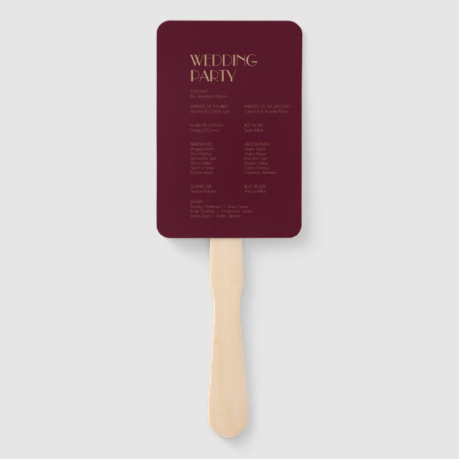 Gold Type Deco | Burgundy Wedding Program Hand Fan (Back)