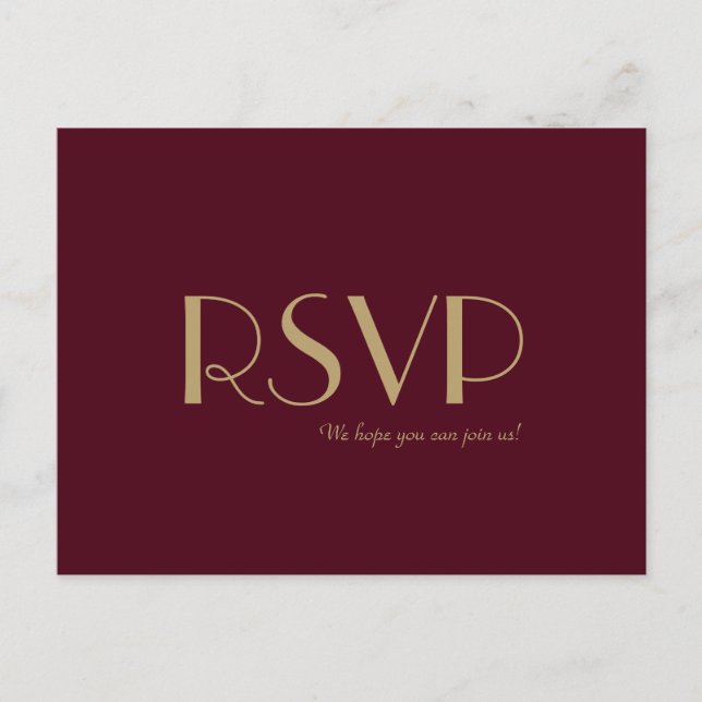 Gold Type Deco | Burgundy Wedding RSVP Invitation Postcard (Front)