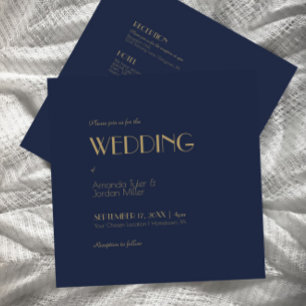 Gold Type Deco Dark Navy Square All One Wedding Invitation