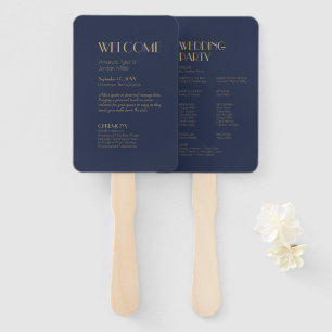 Gold Type Deco   Dark Navy Wedding Program Hand Fan