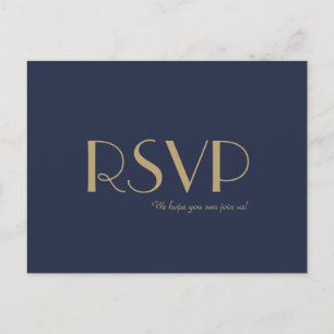 Gold Type Deco   Dark Navy Wedding RSVP Invitation Postcard