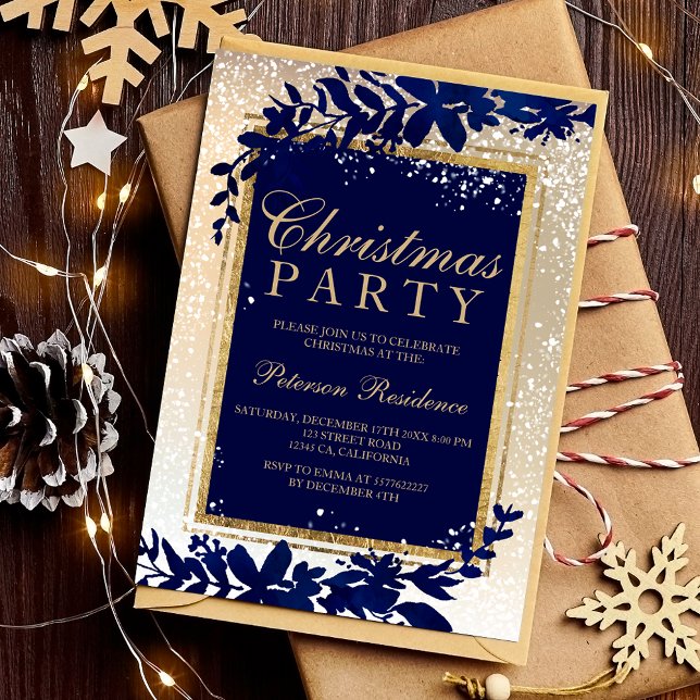 gold typography blue leaf snow elegant Christmas Invitation (gold typography blue leaf snow elegant Christmas Invitation)