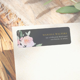 Gold Typography Blush Pink Flowers & Grey Return Address Label