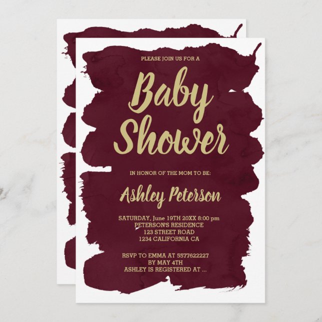 Gold typography burgundy watercolor Baby shower Invitation (Front/Back)