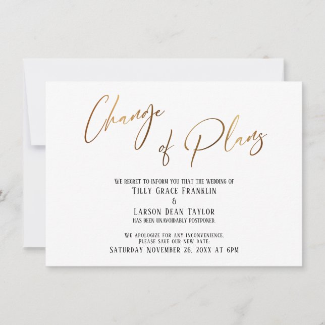Gold Typography Change of Plans Postponed Wedding  Invitation (Front)