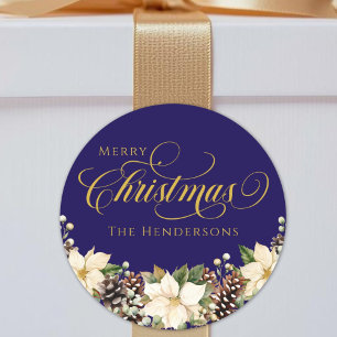 Gold Typography Christmas Poinsettia blue   Classic Round Sticker