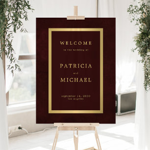 Gold typography deep burgundy acrylic welcome sign