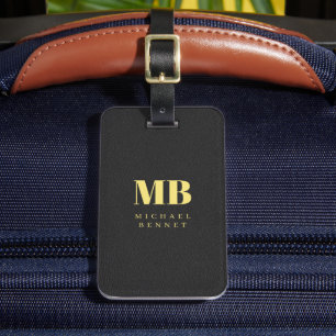 Gold Typography Elegant Monogram Black Leather Luggage Tag