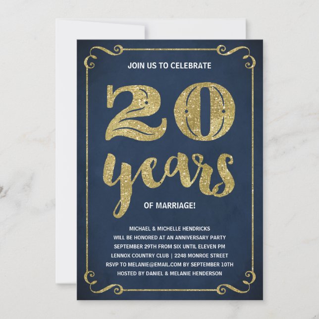 Gold Typography | Faux Foil 20th Anniversary Invitation (Front)