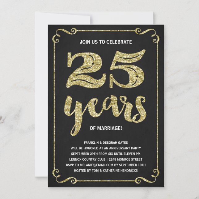 Gold Typography | Faux Foil 25th Anniversary Invitation (Front)