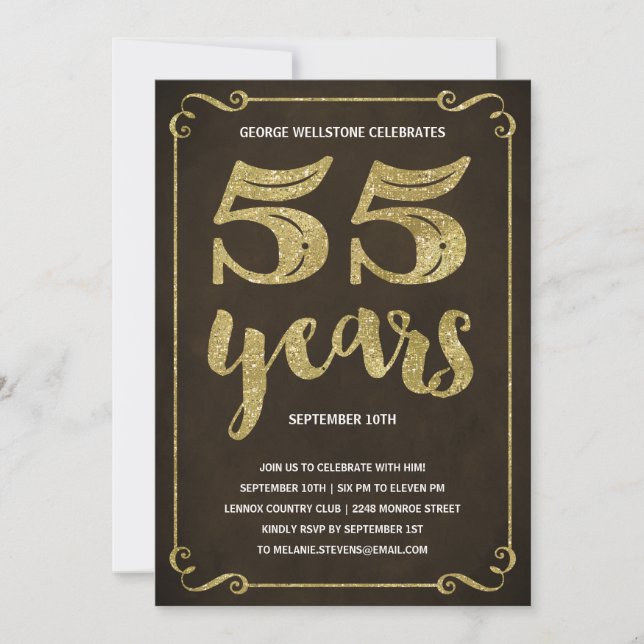 Gold Typography | Faux Foil 55th Birthday Party Invitation (Front)
