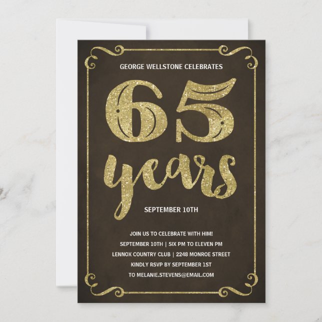 Gold Typography | Faux Foil 65th Birthday Party Invitation (Front)