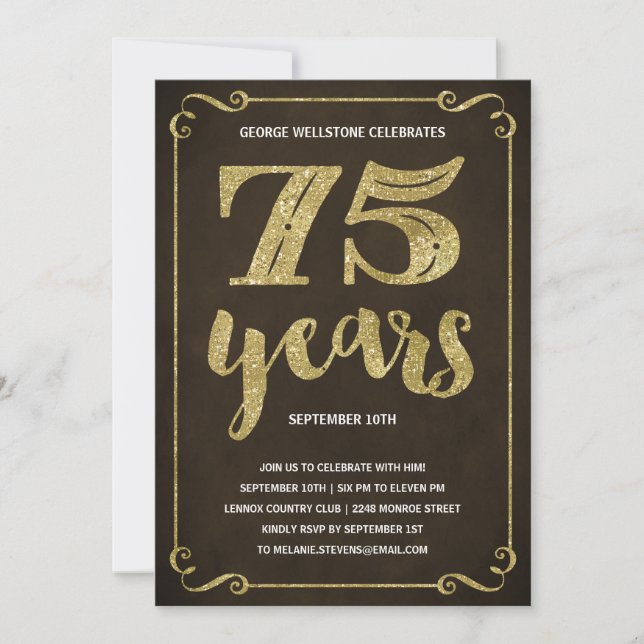 Gold Typography | Faux Foil 75th Birthday Party Invitation (Front)