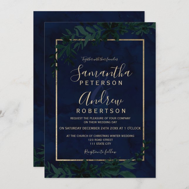 Gold typography Floral navy blue leaf wedding Invitation (Front/Back)