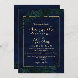 Gold typography Floral navy blue leaf wedding Invitation