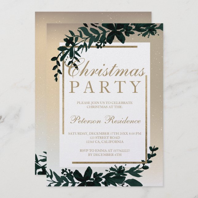 Gold typography Floral snow frame leaf Christmas Invitation (Front/Back)