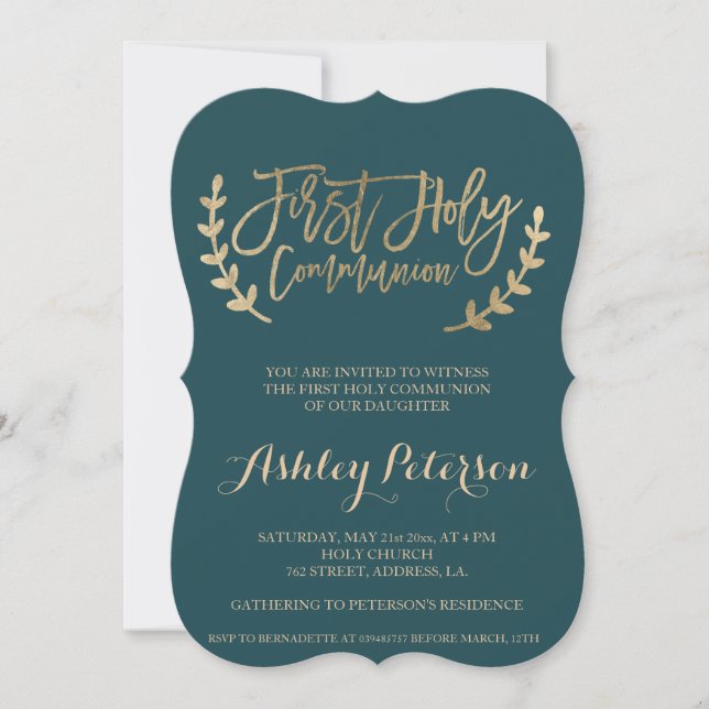 Gold typography green First Holy Communion Invitation (Front)
