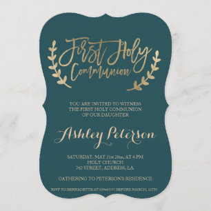 Gold typography green First Holy Communion Invitation
