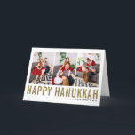 Gold Typography Happy Hanukkah Photo Collage Holiday Card<br><div class="desc">Happy Hanukkah! Customisable Happy Hanukkah photo collage card featuring gold simple typography and snow pattern. Personalise by adding three photos,  names,  year and other details. This modern Hanukkah card is available in other colours and cardstock.</div>