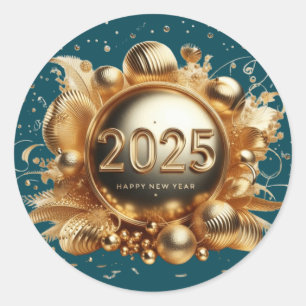 Gold typography happy new year 2025 classic round sticker