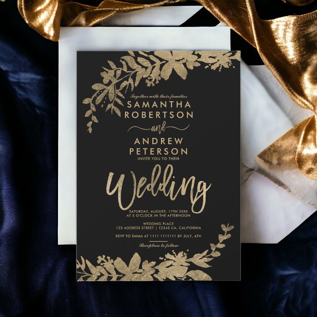 Gold typography leaf floral black chic wedding invitation (Gold typography leaf floral black chic wedding invitation)