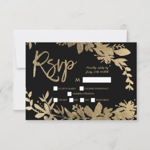 Gold typography leaf floral black rsvp wedding 2 card