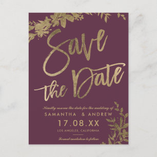 Gold typography leaf floral plum save the date announcement postcard