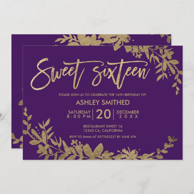 Gold typography leaf floral purple sweet 16 invitation (Front/Back)