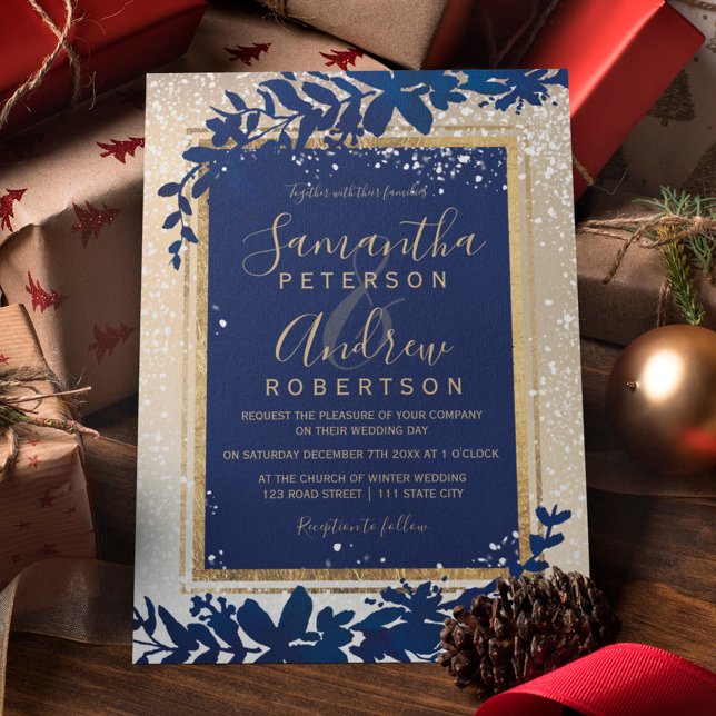 gold typography leaf snow blue winter wedding invitation (Creator Uploaded)