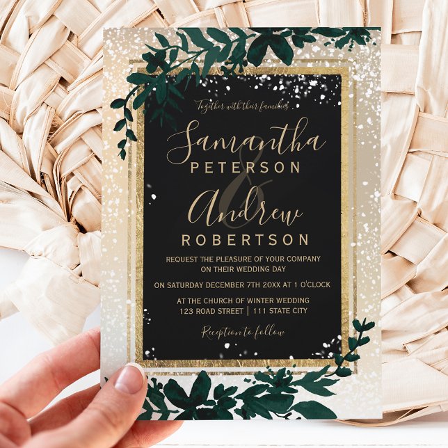 gold typography leaf snow elegant winter wedding invitation (Creator Uploaded)