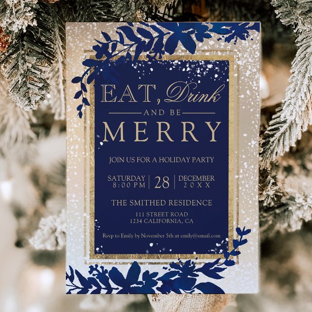 gold typography leaf snow navy eat Christmas Invitation (gold typography leaf snow navy eat Christmas Invitation)