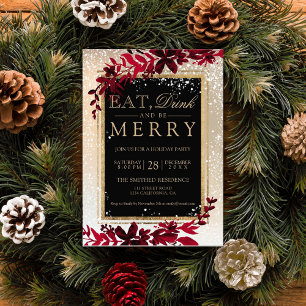 gold typography leaf snow red eat Christmas Invitation