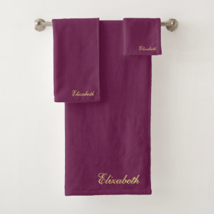 Gold Typography Name Custom Bordeaux Solid Colour Bath Towel Set