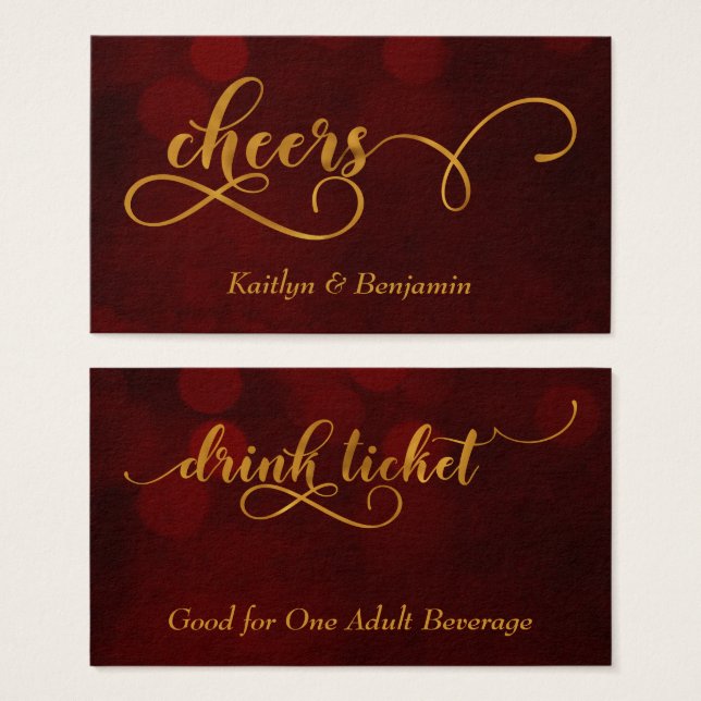 Gold Typography over Red Bokeh Drink Tickets (Front & Back)