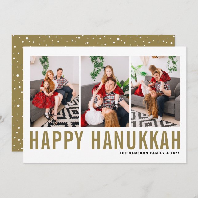 Gold Typography Photo Collage Happy Hanukkah Holiday Card (Front/Back)