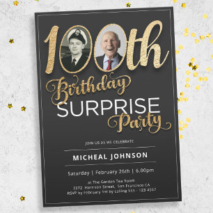 Gold Typography Photo Surprise 100th Birthday Invitation