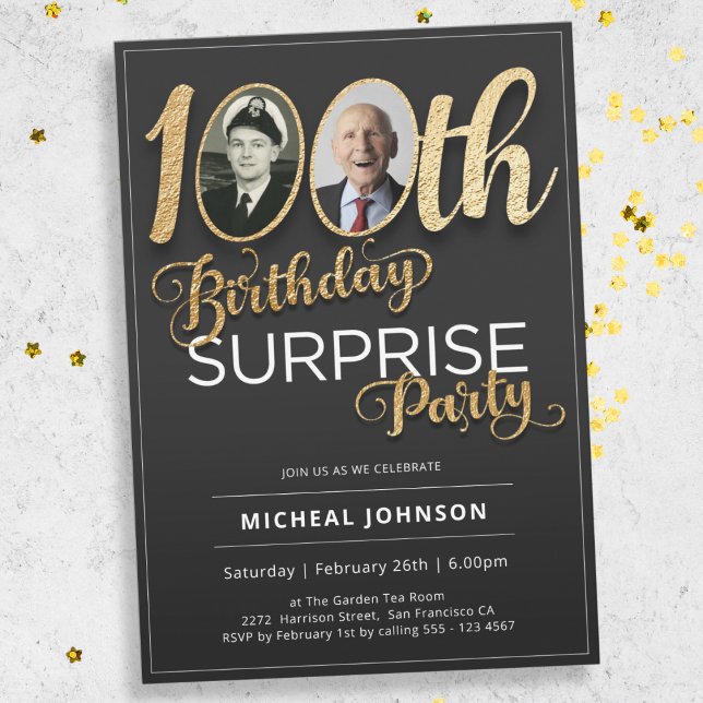 Gold Typography Photo Surprise 100th Birthday  Invitation (Mockup View)