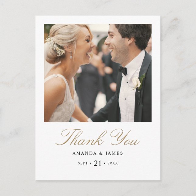 Gold Typography Photo Wedding Thank You Postcard (Front)