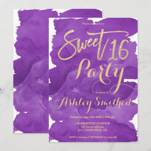 Gold typography purple watercolor brush Sweet 16 Invitation