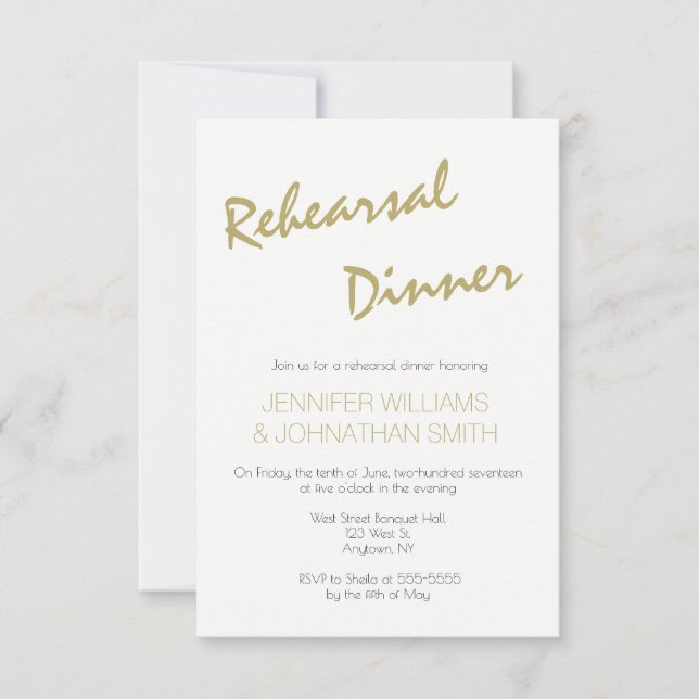 Gold typography rehearsal dinner invitations (Front)