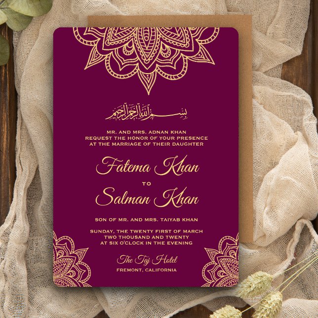 Gold Tyrian Purple Henna Mehndi Islamic Wedding Invitation (Creator Uploaded)