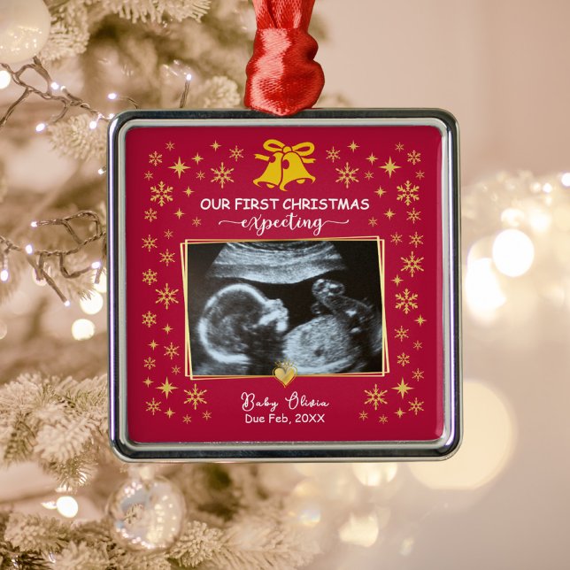 Gold Ultrasound Photo 1st Xmas Expecting Keepsake Metal Ornament (Gold Ultrasound photo 1st xmas expecting metal ornament)