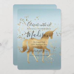 Gold Unicorn Aqua Ombre birthday Invitation