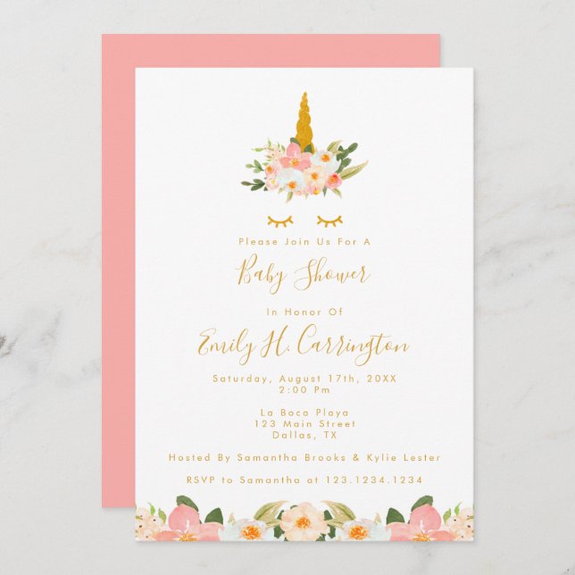 Gold Unicorn Baby Shower Invitation (Front/Back)