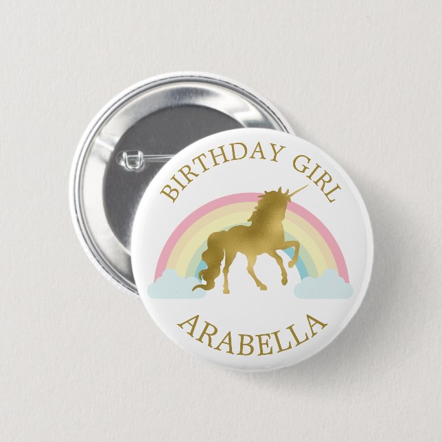 Gold Unicorn "Birthday Girl" Personalised 6 Cm Round Badge (Front & Back)