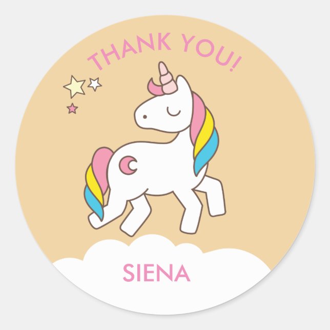 Gold Unicorn Birthday Party Thank You Classic Round Sticker (Front)