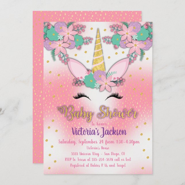 Gold Unicorn Floral Baby Shower Invitation (Front/Back)